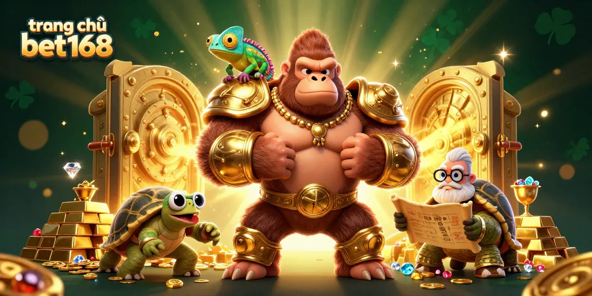Engage with the exciting scene at trang chủ bet168 illustrated in vibrant 3D style featuring a powerful gorilla king and treasures.