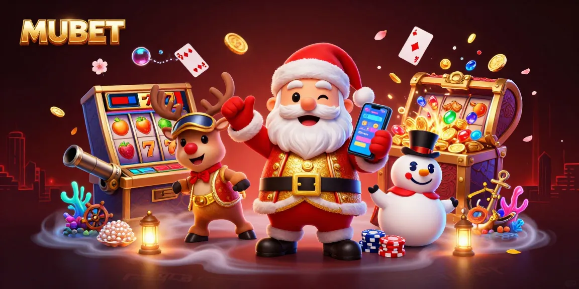 Experience MUBET with Santa, a reindeer dealer, and a poker chip snowman in a vibrant casino-themed scene.