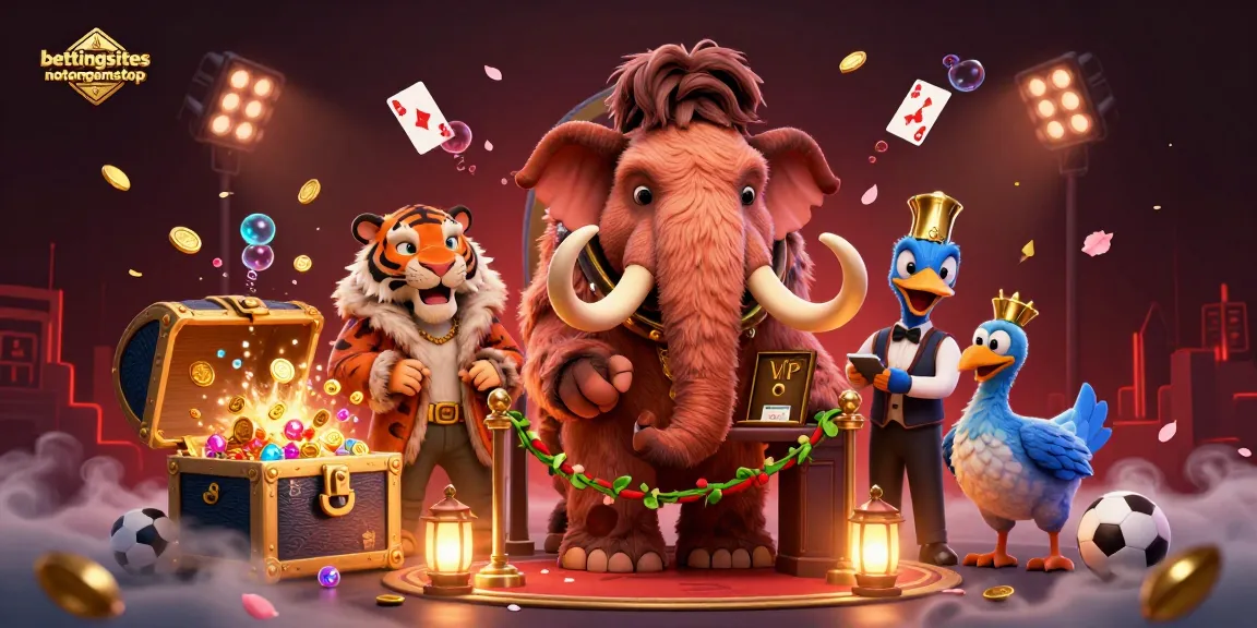 Experience thrilling action with bettingsitesnotongamstop as a woolly mammoth bouncer checks IDs at a vibrant casino entrance.