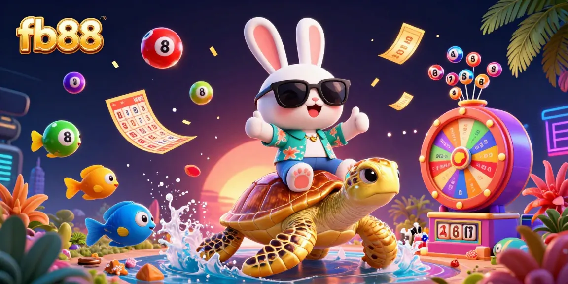 Experience thrilling fb88 gaming with a vibrant scene featuring a lucky rabbit and turtle amidst colorful casino elements.