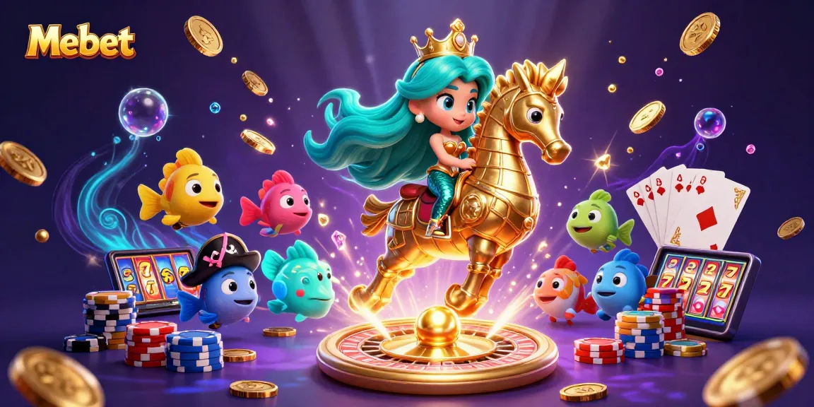 Mebet showcases an enchanting scene of a mermaid princess and seahorse amidst vibrant casino elements.