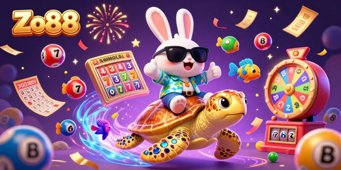 Engage with the vibrant Zo88 betting scene featuring a lucky rabbit and a golden turtle amidst lottery and slot elements.