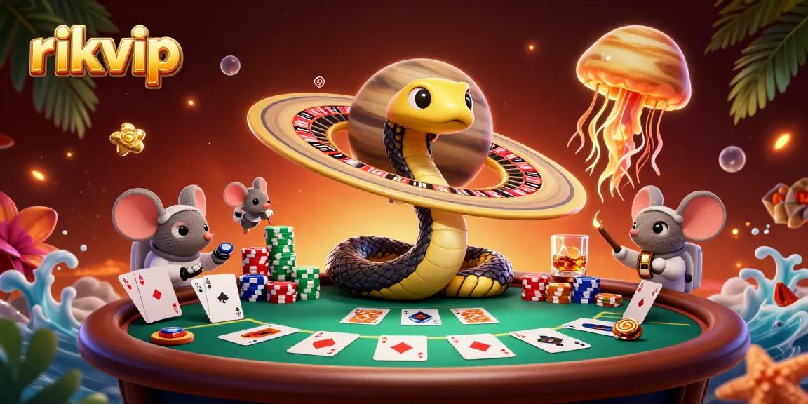 Engage in the thrilling world of rikvip with a whimsical cosmic scene of casino fun and excitement.