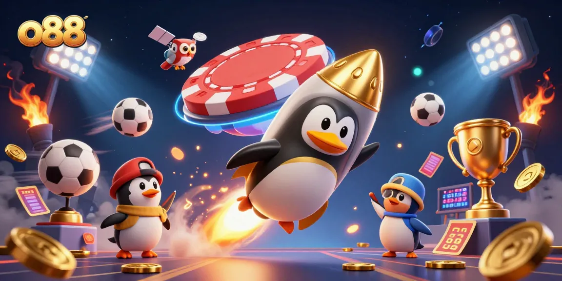 Action-packed 3D scene featuring o88's rocket penguin and dynamic sports betting elements.