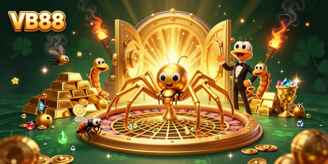 VB88 showcases a dynamic casino scene with a golden web roulette wheel and a betting fly.
