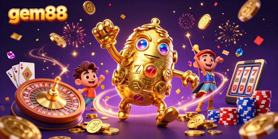 Bet with gem88's captivating golden golem amidst cascading riches and live casino action.