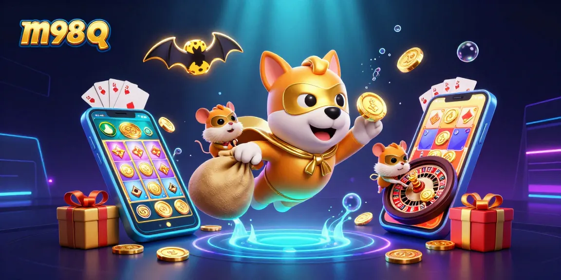 Engage with the exciting m98 q casino scene featuring a superhero dog and hamster amidst vibrant gambling elements.