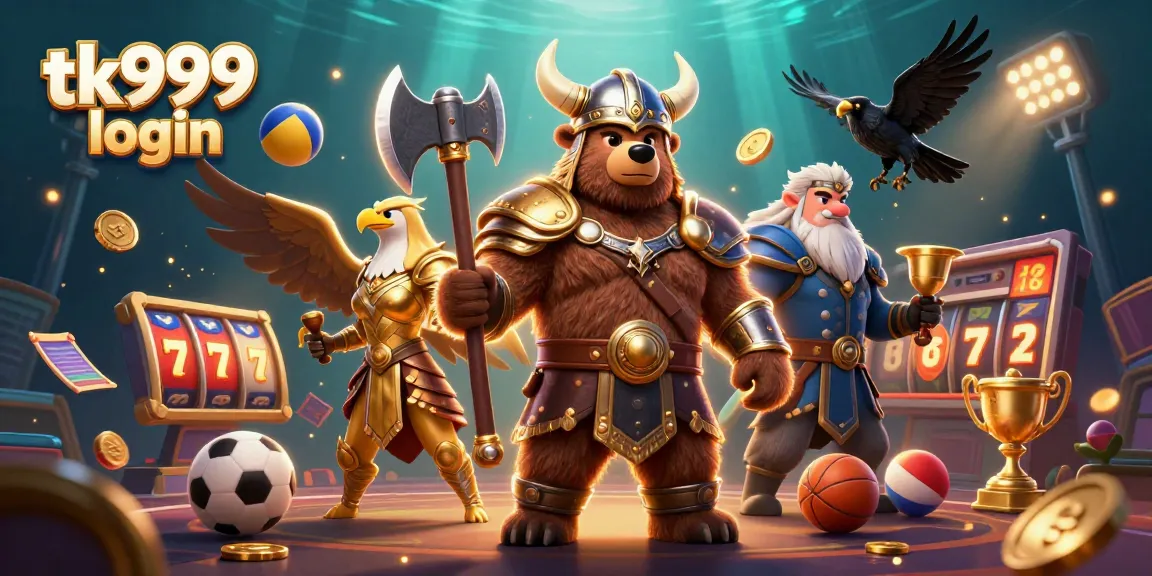 Experience the thrill of tk999 login with an action-packed 3D depiction of a Viking bear and Valkyrie eagle amidst vibrant casino elements.