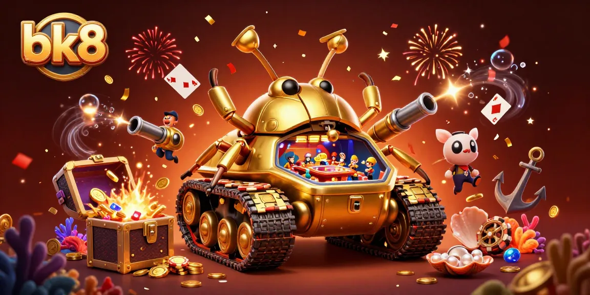 Engage with bk8's exciting gaming atmosphere, featuring a golden beetle tank casino bursting with coins.